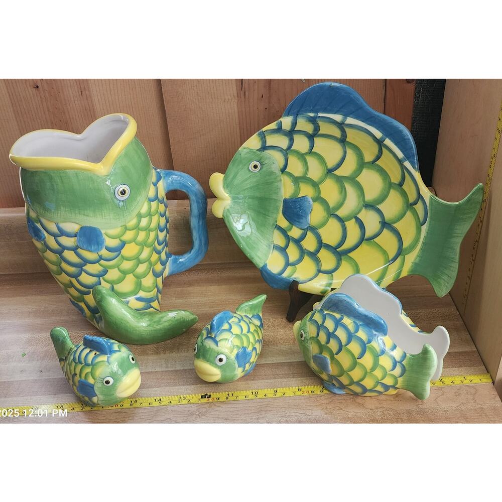 Painted Ceramic Splish-Splash Fish Set / Pitcher, S&P, Napkin Holder, Platter